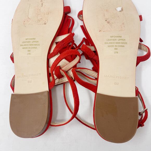 Marc Fisher 6 Red Suede Leather Charm Tiered Fringe Strappy Sandals Flat Ankle - Picture 9 of 10